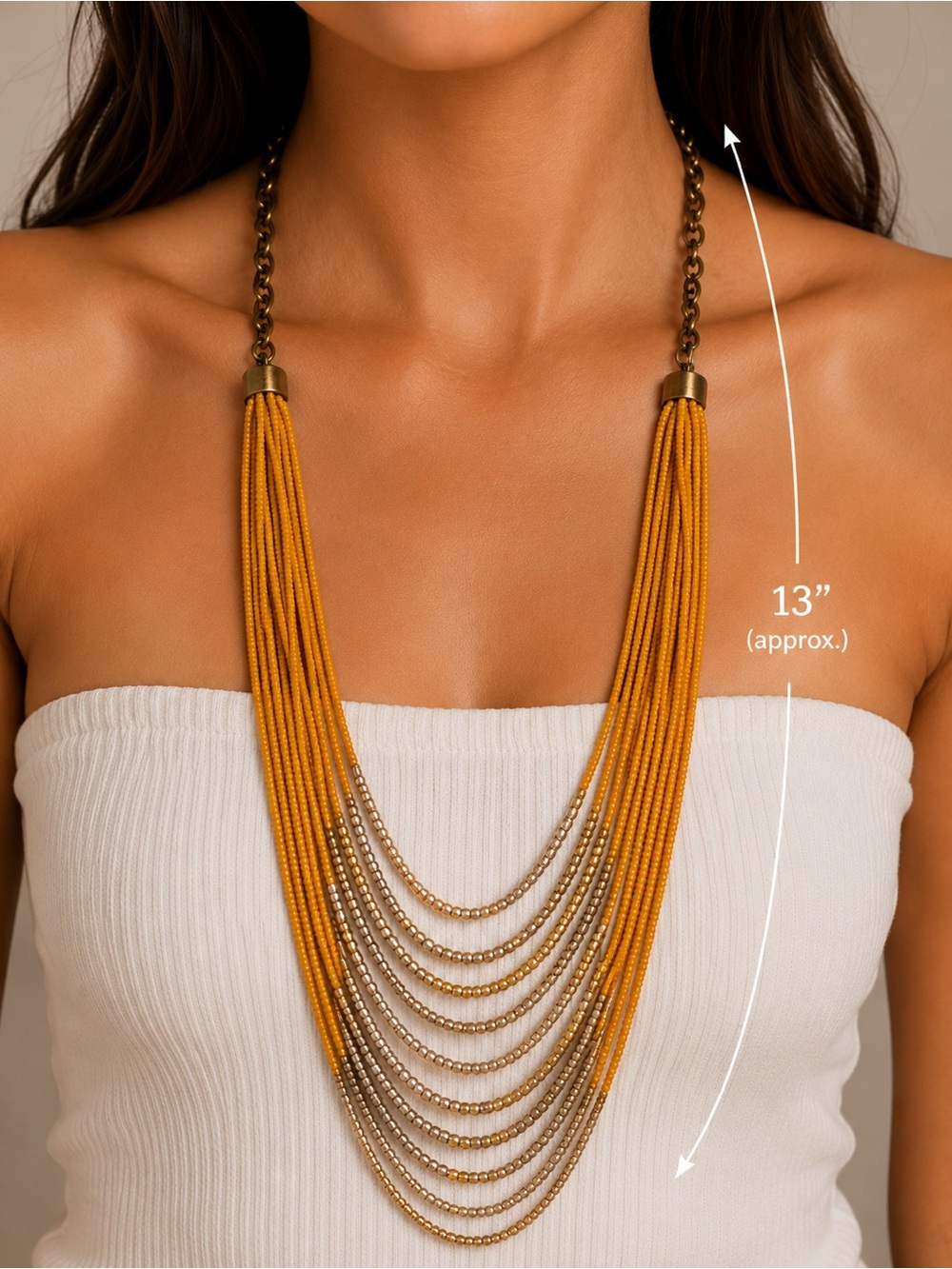 Mustard Yellow Gold Bronze Layered Beaded Statement Necklace Boho